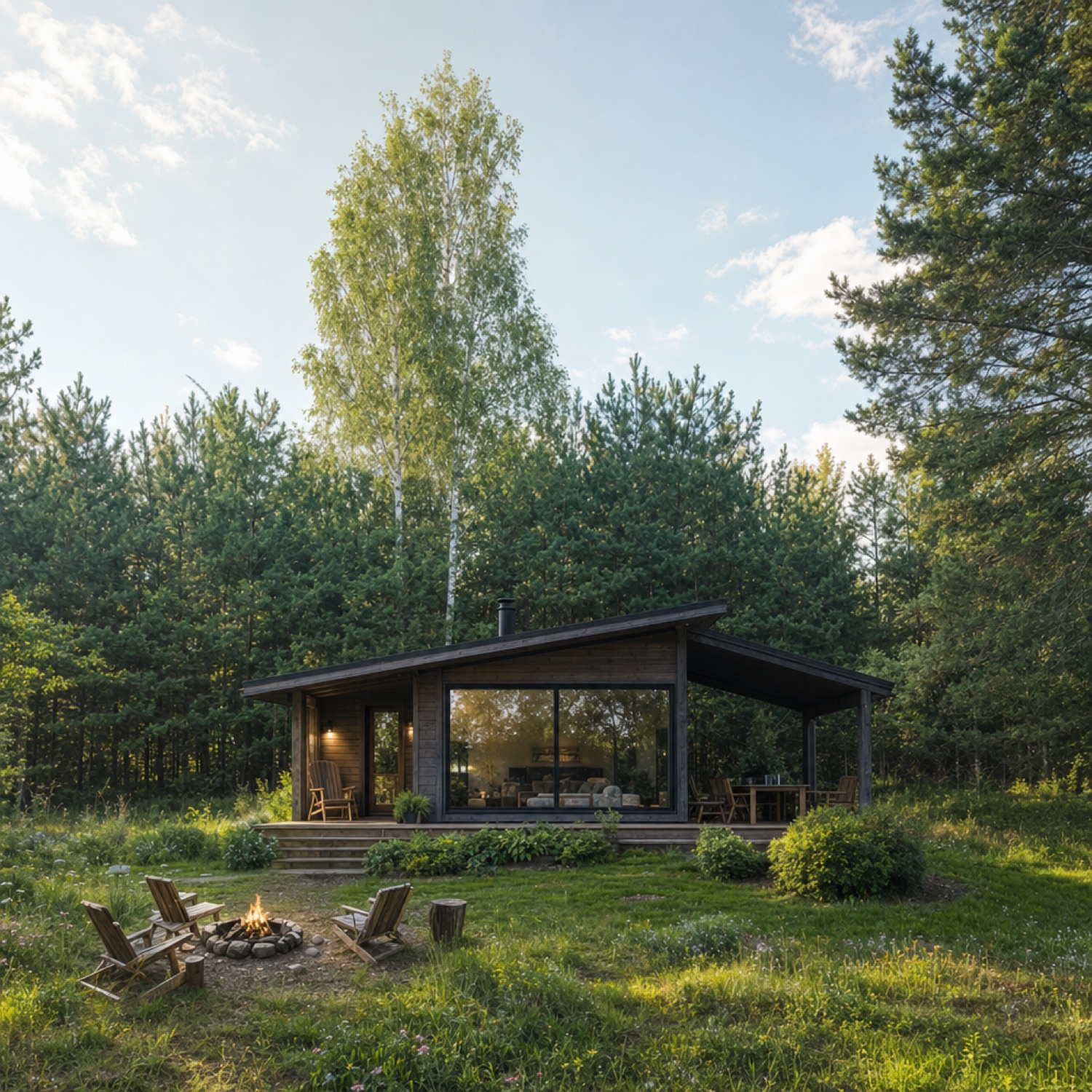 Domek z panoramicznym oknem wśród sosen